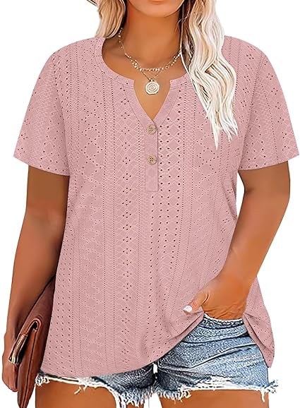 Photo 1 of RITERA Plus Size Tops for Women V Neck Button Up Short Sleeve Henley Tshirt Casual Blouse Pullover Basic 12W 14W XL-5XL
