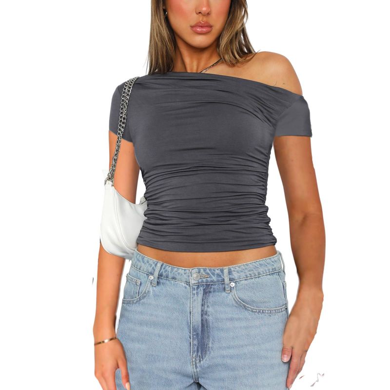 Photo 1 of 2packs of Women Short Sleeve Off The Shoulder Crop Tops Ruched Fitted Tight T Shirt Y2k Sexy Basic Summer Going Out Top Small Grey