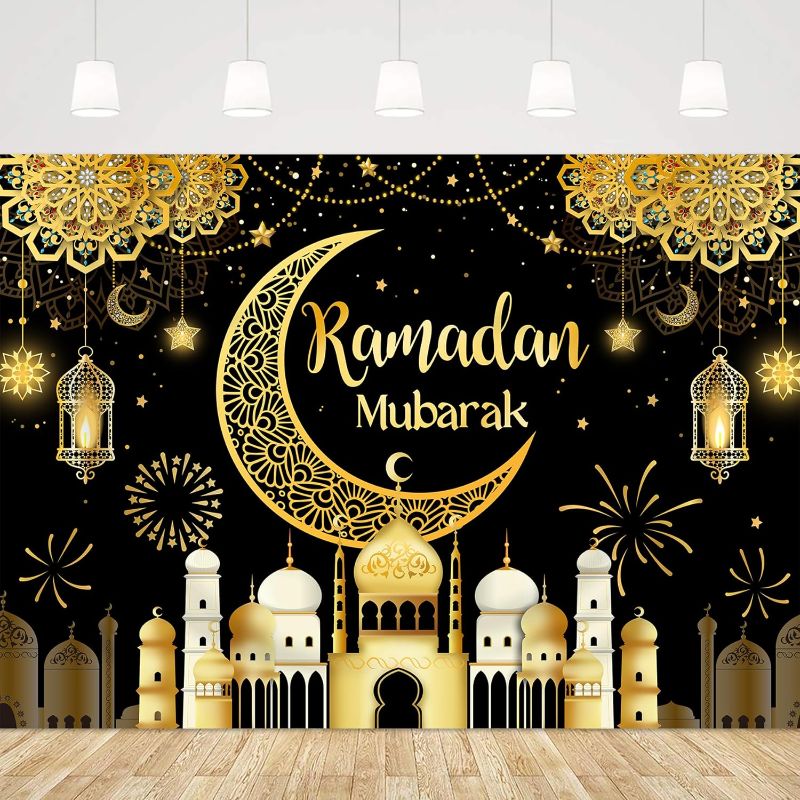 Photo 1 of Omifly Ramadan Mubarak 7Wx5H Backdrop for Photography Muslim Eid Party Islamic Mosque Blue Sky Moon Star Gold Dot Black Background Party Decorations Cake Table Banner Decor Photo Booth Studio Props