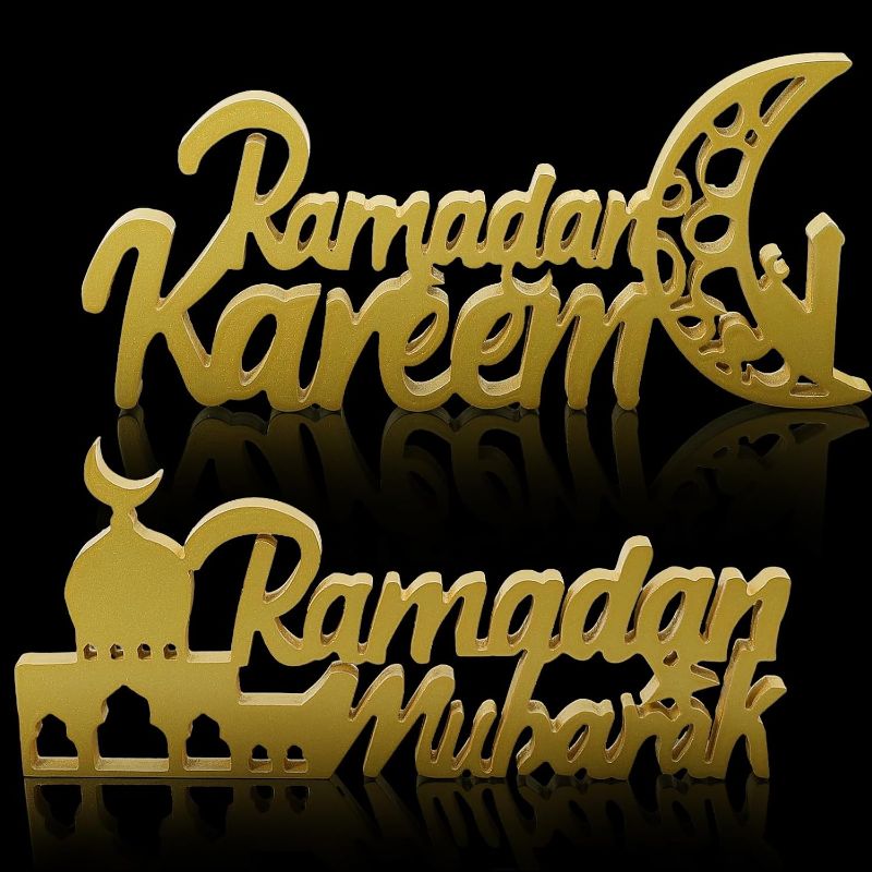 Photo 2 of 2 PCS Islamic Tabletop Decors Ramadan Mubarak Signs Ramadan Kareem Table Signs Eid Decoration for Home Ramadan Mubarak Party
