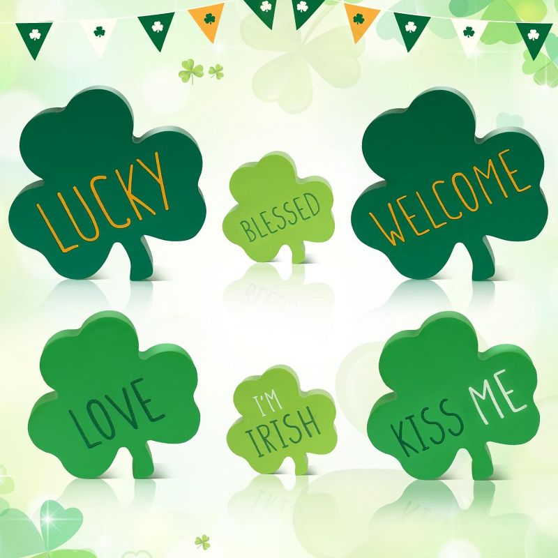 Photo 1 of 6PCS St Patricks Day Table Wooden Signs,Wooden Shamrock Decor Green Irish Theme Table Centerpiece Lucky Sign for Desk, Office,Tiered Tray Decor
