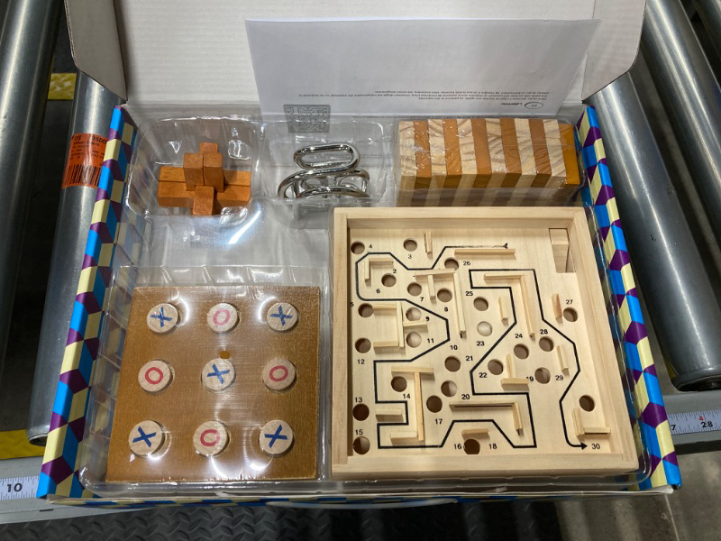 Photo 2 of 5 in 1 Board Game with Wooden Brain Teaser Puzzles, Metal Brain Teaser Puzzles, Labyrinth, Wooden Stacking Tower, and Tic Tac Toe Toy Games, Board Games for Kid and Adults, Party Family Game