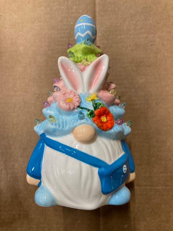 Photo 2 of Blue Gnome Easter Ceramic Tree, Lighted Bunny Easter Decorations for Home Room Table Top, Flower Farmhouse Spring Easter Decor Indoor Figurine Collectione, Easter Gifts for Kid Teen Girl Women-8.6''H Blue Tabtop