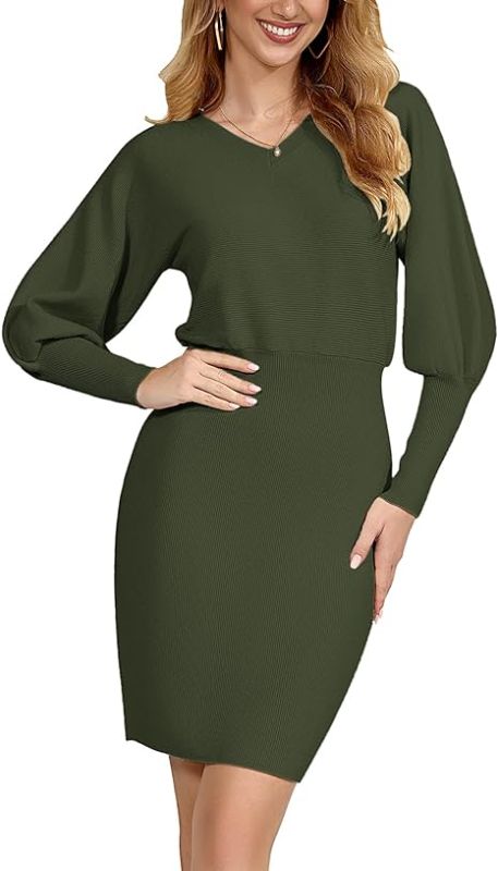 Photo 1 of Color Red RIROW Womens Sweater Dress V Neck Long Lantern Sleeve Bodycon Short Knit Dresses
