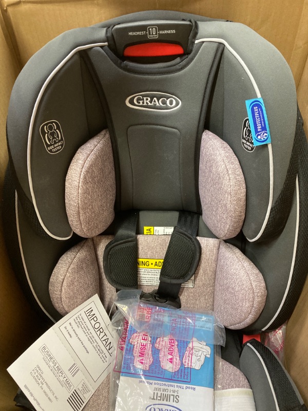 Photo 2 of Graco SlimFit 3 in 1 Baby Car Seat, Slim Car Seat Design Saves Space in Your Back Seat, Rear Facing and Front Facing Car Seat, Highback Booster Car Seat and 10 Position Headrest Heights, Darcie
