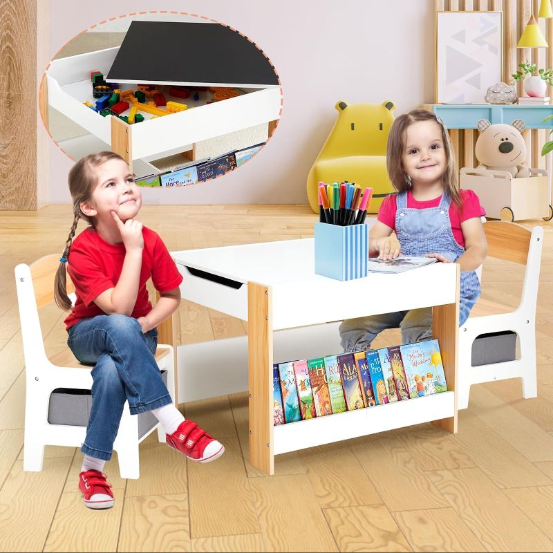 Photo 1 of Asweets Kids Table and Chair Set,4 in 1 Toddler Table and Chairs with Storage Drawer,Wooden Activity Table with 2 in 1 Detachable Tabletop and Bookshelve for Children Drawing Reading Art Craft
