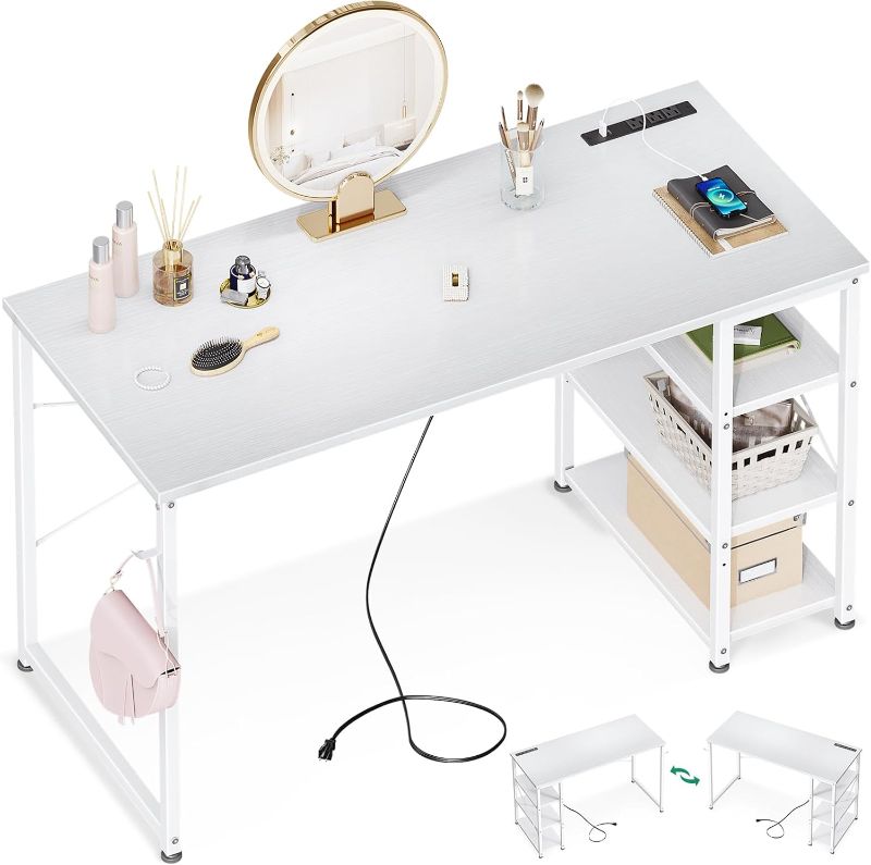 Photo 1 of ** Not Exact Photo** Laptop Desk Office Desk, Computer Desk with Power Outlet and USB & Type-C Charging Port, Writing Desk with 3-Tier Reversible Storage Shelf for Home Office, , White
