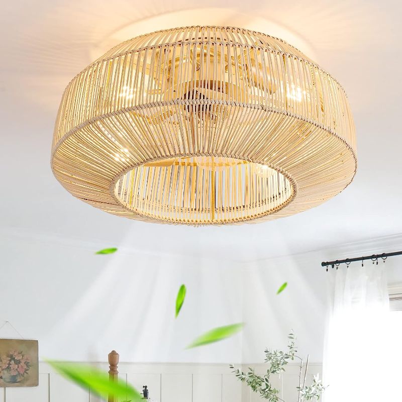 Photo 1 of 20" Boho Caged Ceiling Fan with Lights Flush Mount, Low Profile Rattan Ceiling Fans with Lights and Remote Control, Enclosed 6 Speeds for Bedroom, Living Room, Kitchen
