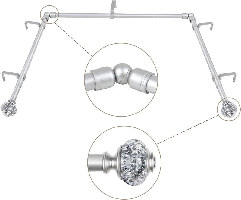 Photo 1 of 3/4 Inch Bay Window Curtain Rods, Telescoping Silver Curtain Rods for Bay Windows 36-72 Inch(Center Rod), 20-36 Inch(Side Rods), Translucent Finials
