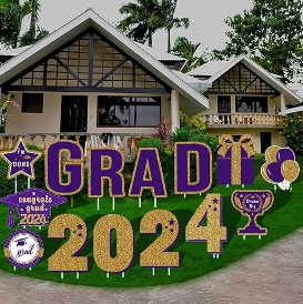 Photo 1 of 14 Pcs Graduation Decorations Class of 2024 Purple and Glod Yard Sign Stakes,Proud of You Class 2024 Graduation Decorations Outdoor and Congrats Grad Outdoor Lawn Party Supplies Decor
