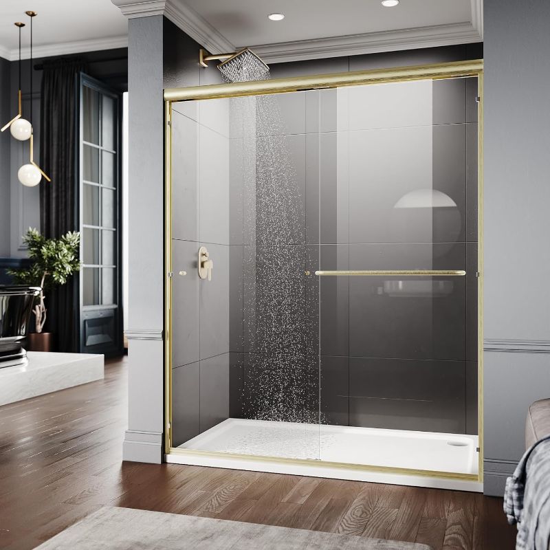 Photo 1 of ELEGANT Semi-Frameless Sliding Shower Door 60 in. W x 72 in. H, Bathroom Shower Door with 1/4'' Clear Glass, Shower Glass Door in Brushed Gold
