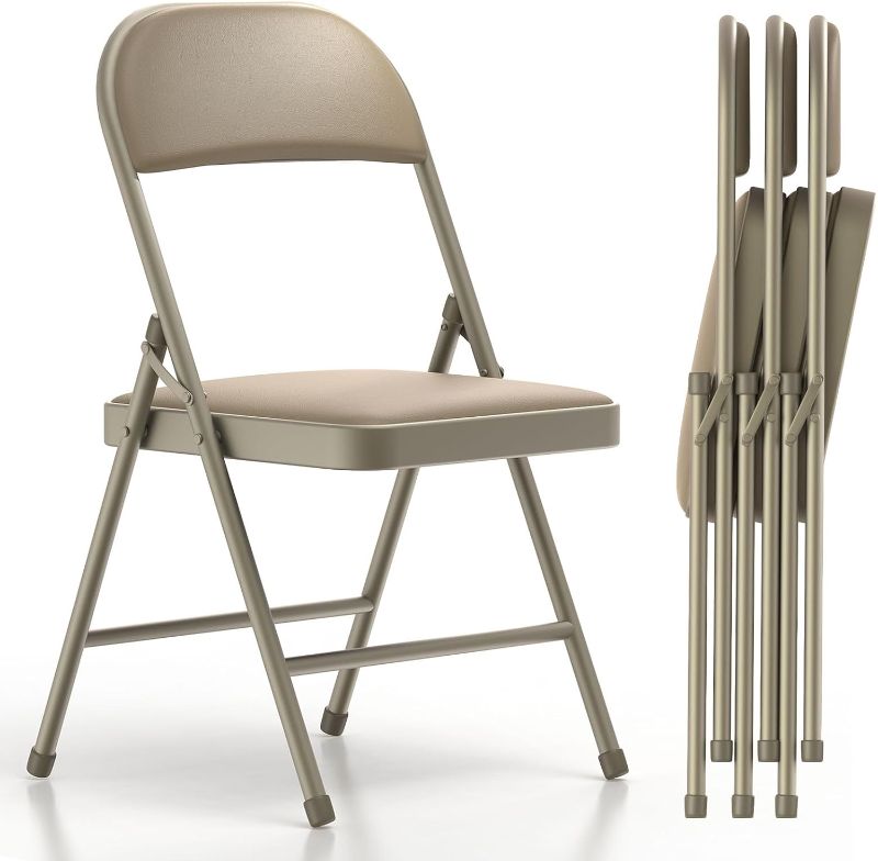 Photo 1 of Nazhura 4 Pack Folding Chairs with Padded Cushion and Back, Khaki Metal Chairs with Comfortable Cushion for Home and Office, for Indoor and Outdoor Events (Kahki, 4 Pack)
