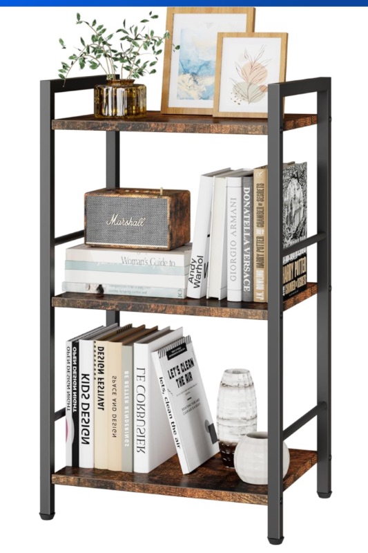 Photo 1 of 3 Tier Bookshelf, Small Bookcase with 3 Open Shelves, Short Metal and Wood Book Shelf Bedside Shelf for Home Organizer, Freestanding Shelf for Living Room Bedroom Dorm, Rustic Brown