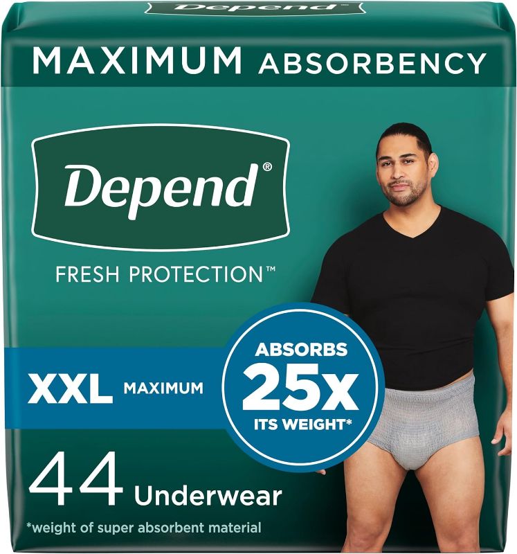 Photo 1 of Depend Fresh Protection Adult Incontinence Underwear for Men (Formerly Depend Fit-Flex), Disposable, Maximum, Extra-Extra-Large, Grey, 44 Count (2 Packs of 22), Packaging May Vary