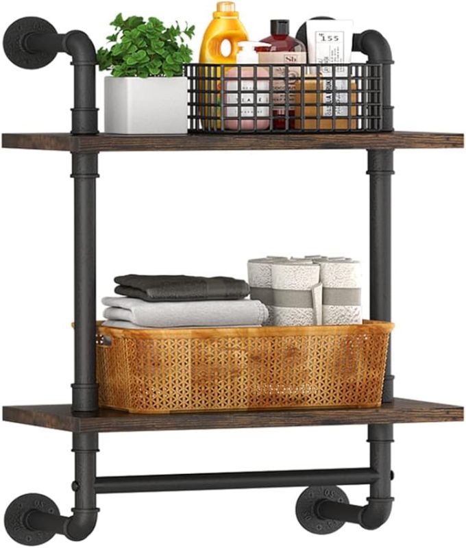 Photo 1 of Helsin Industrial Pipe Floating Bathroom Shelves Wall Mounted with Towel bar, 2 Tier Rustic Wood Wall Shelf, 16inch Metal Towel Rack Storage Bookshelf for Bathroom, Kitchen, Farmhouse, Living Room