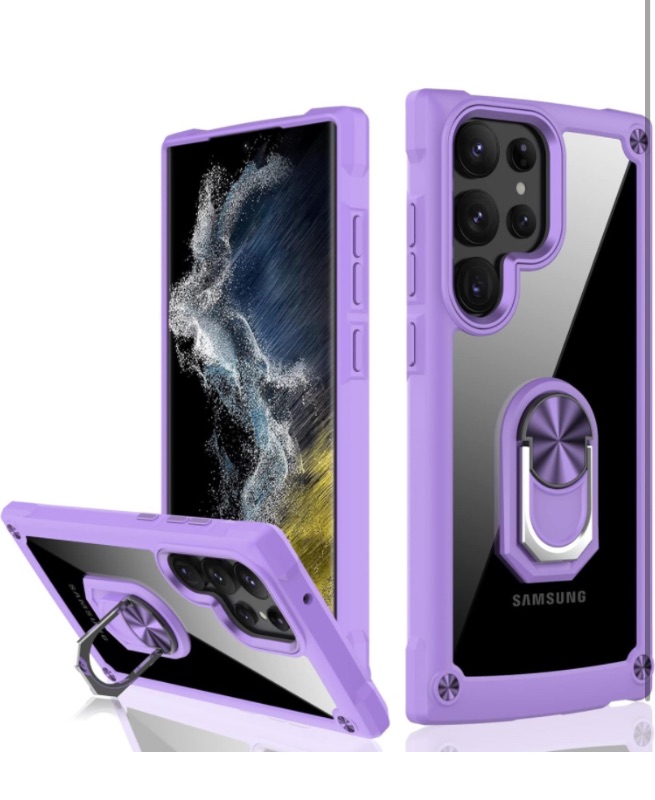 Photo 1 of *BUNDLE ITEMS 2 PACK* IKAZZ for Galaxy S23 Ultra Case,Crystal Clear Anti-Yellow Heavy Duty Acrylic Protective Phone Case with Magnetic Kickstand for Samsung Galaxy S23 Ultra Cover,Purple