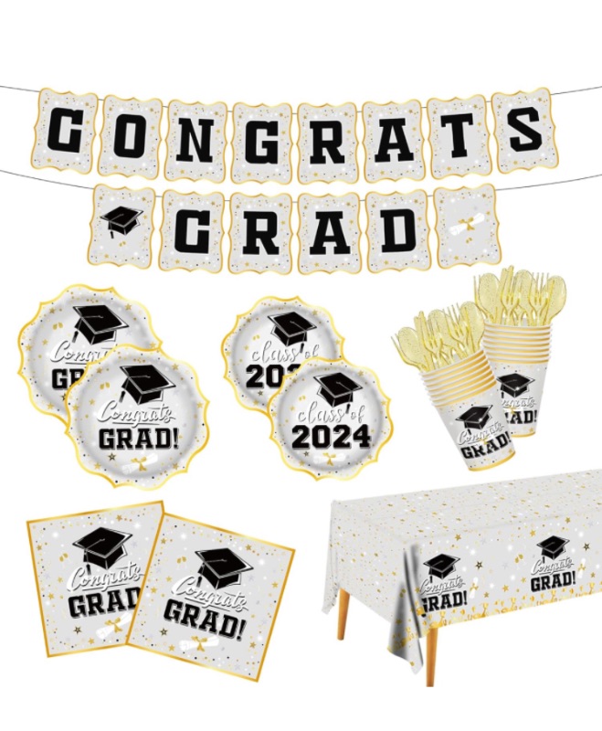 Photo 1 of *BUNDLE ITEMS 2 PACK* Graduation Party 2024 Supplies Congrats Grad Decoration Serve 24, Disposable Paper Plates Napkins Cups Knives Spoons Forks Straws Tablecloth Banner for College High School Graduation