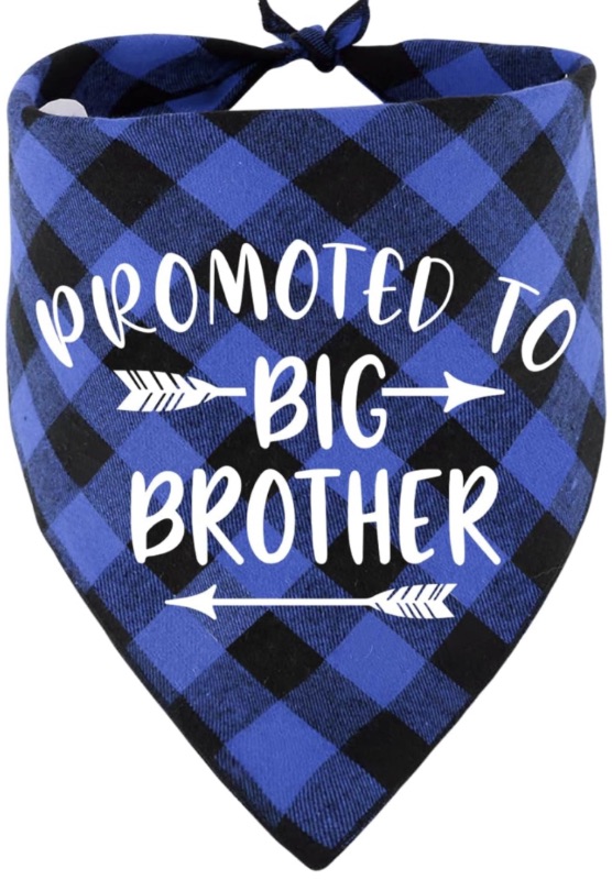 Photo 1 of *Bundle Items 2 Pack* Promoted to Big Brother Blue Plaid Dog Bandana, Funny Gender Reveal Photo Prop and Decorative Triangle Pet Scarf for Pet Dog Lovers Gift