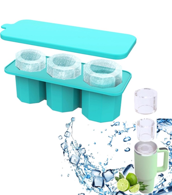 Photo 1 of *BUNDLE ITEMS 2 PACK* Ice Cube Tray for Tumbler Cup,New Silicone Ice Maker With for Making 3 Hollow Cylinder Ice Molds with Lid and Bin for Freezer, Ice Drink, Juice, Whiskey, Cocktail, Summer Gifts (Blue)