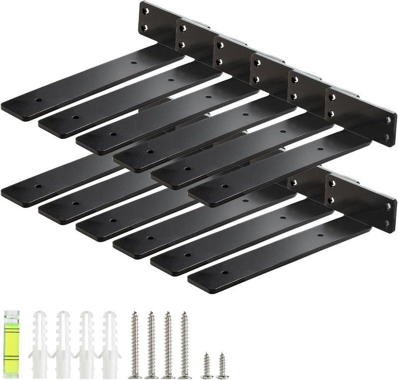 Photo 1 of BATODA - 12" Floating Shelf Bracket (8 pcs) – Black Metal L Brackets - Hidden Brackets for Floating Wood Shelves - Blind Shelf Support - Shelving Mounting Hardware Included (Pack 8)