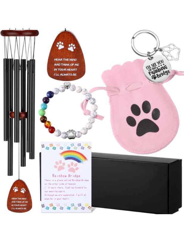 Photo 1 of *Bundle Items 2 Pack* 6 Pcs Pet Memorial Gifts Set, Loss of Dog Cat Sympathy Gifts Rainbow Bridge Bracelet Cat Dog Loss Keychain Poem Card Flannel Bag with Gift Box for Pet Lovers Remembrance (Wind Chime)