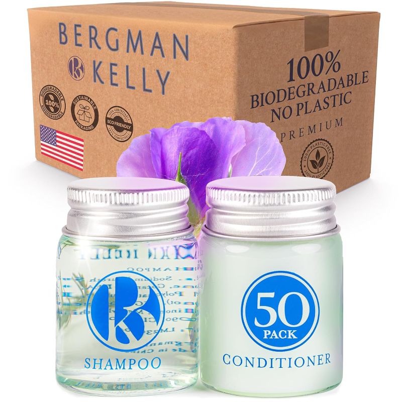 Photo 1 of Bergman Kelly Luxury 100% Biodegradable Hotel Toiletries Bundle (Bel Air, 1 oz each, 100 Pieces) 2-Piece Set: 50 Shampoos & 50 Conditioners, California Compliant, No Plastic
