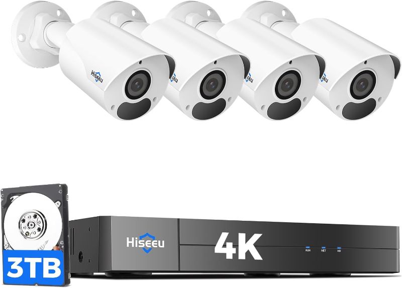 Photo 1 of [4K HD+3TB HDD] Hiseeu 4K Security Camera System, PoE Security Camera System w/4pcs IP PoE Cameras, 121° Wide View, IP67 Waterproof, Free Remote Access, WDR, Human Detect, 7/24 Record
