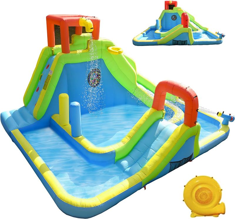 Photo 1 of Inflatable Bounce House, 10 in 1 Double Water Slide Bounce House with 750W Blower, Climbing Wall, Jumping, Water Gun, Splash Pool, Basketball Hoop for Kids Indoor Outdoor Backyard
