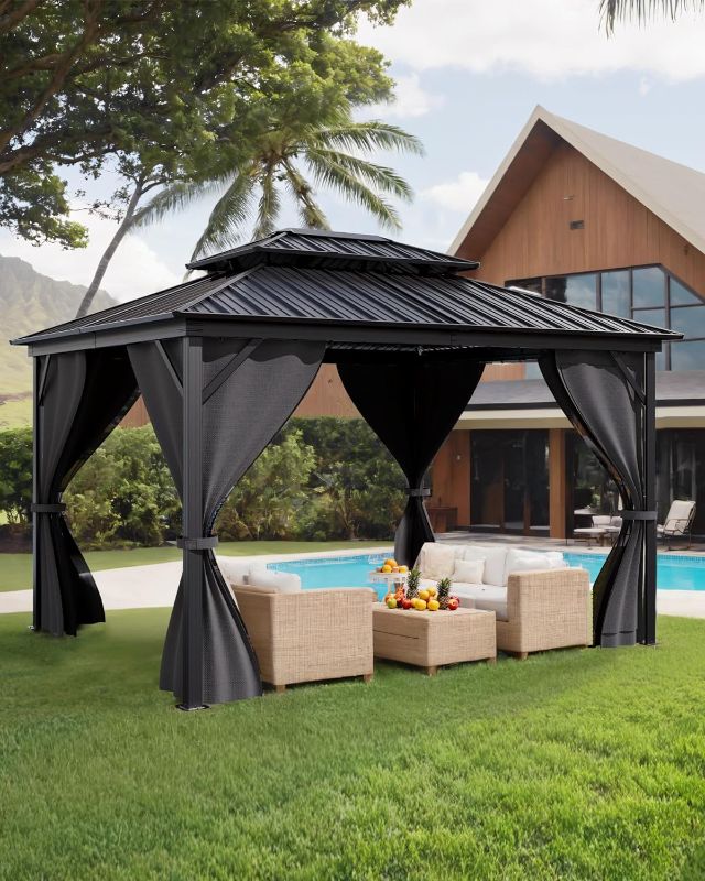 Photo 1 of GarveeLife Hardtop Gazebo 10'x12' for All Weather, with Double Metal Roof, Aluminum Alloy Frame, Net, and Curtain, Permanent Building for Patio, Deck, Backyard, Lawn, and Garden, Gray https://a.co/d/7em5Z6o