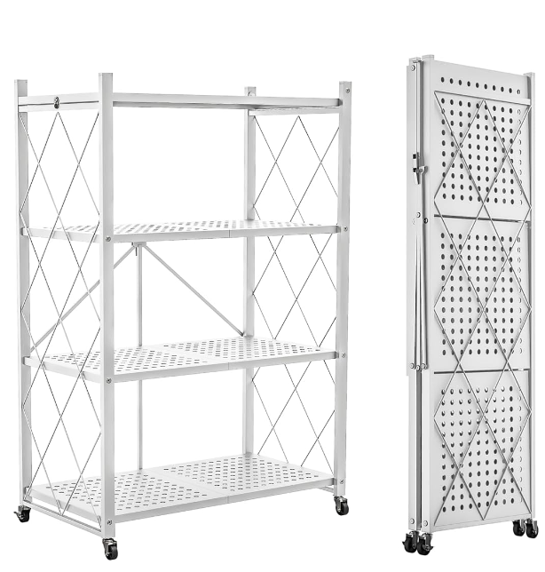 Photo 1 of 4-Shelf Foldable Storage Shelves with Wheels, Folding Metal Rack Shelving Unit, Heavy Duty No Assembly Organizer Shelf for Garage, Kitchen, Pantry, White