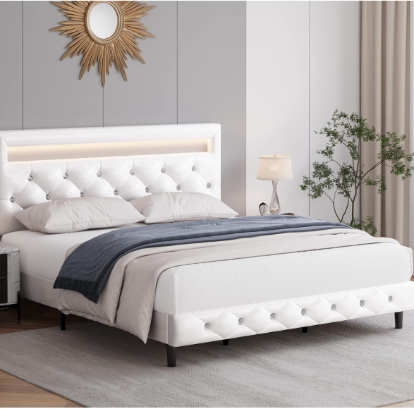 Photo 1 of  Modern Upholstered Queen Bed Frame with LED Lights, Faux Leather Low Profile Platform Bed Frame, Adjustable Crystal Button Tufted Headboard, Strong Wood Slat Support, Easy Assembly, White