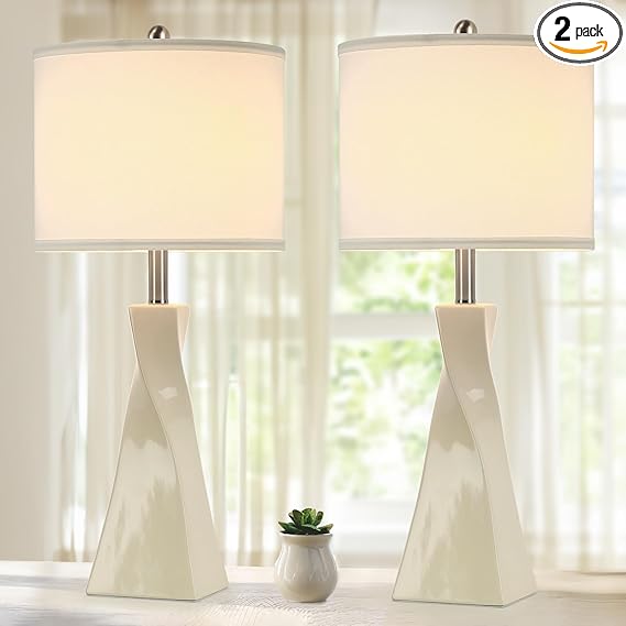 Photo 1 of 29 Inch Table Lamp Set of 2, Off-White Ceramic Nightstand Lamps with Rotary Switch, Bedside Lamp with E26 Base & Fabric Lampshade, Modern End Table Tall Lamps for Bedroom Living Room Entryway 
