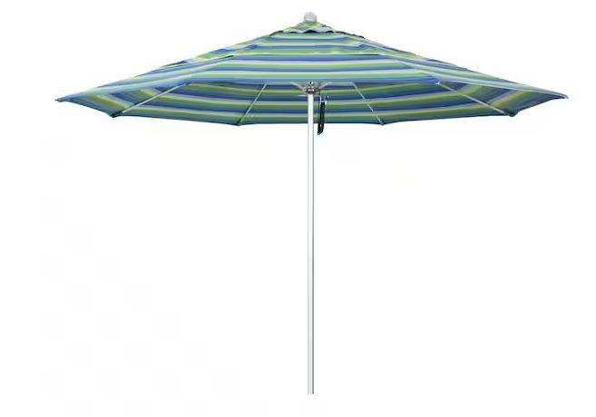 Photo 1 of 11 ft. Silver Aluminum Commercial Market Patio Umbrella with Fiberglass Rib and Pulley Lift in Seville Seaside Sunbrella
