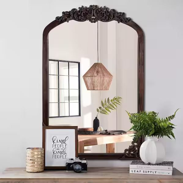 Photo 1 of 24 in. W x 36 in. H Classic Arched Wood Framed Brown Retro Wall Decorative Mirror