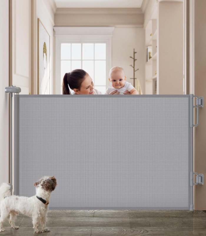 Photo 1 of Cumbor Baby Gate Dog Gate Retractable for Stairs Indoor, Extends up to 55" Wide Mesh Dog Gate for Doorways, 34" Tall Safety Dog Gates for The House, Easy to Use Pet Gate for Stairway & Ourdoors, Grey