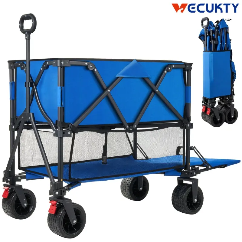 Photo 1 of Camping Car (Double-deck/ Extended) Folding Double Decker Camping Wagon, Vecukty Heavy Duty Collapsible Wagon Cart with 54" Lower Decker, All-Terrain Big Wheels for Camping, Sports, Shopping, Beach, Support Up to 500lbs, Blue