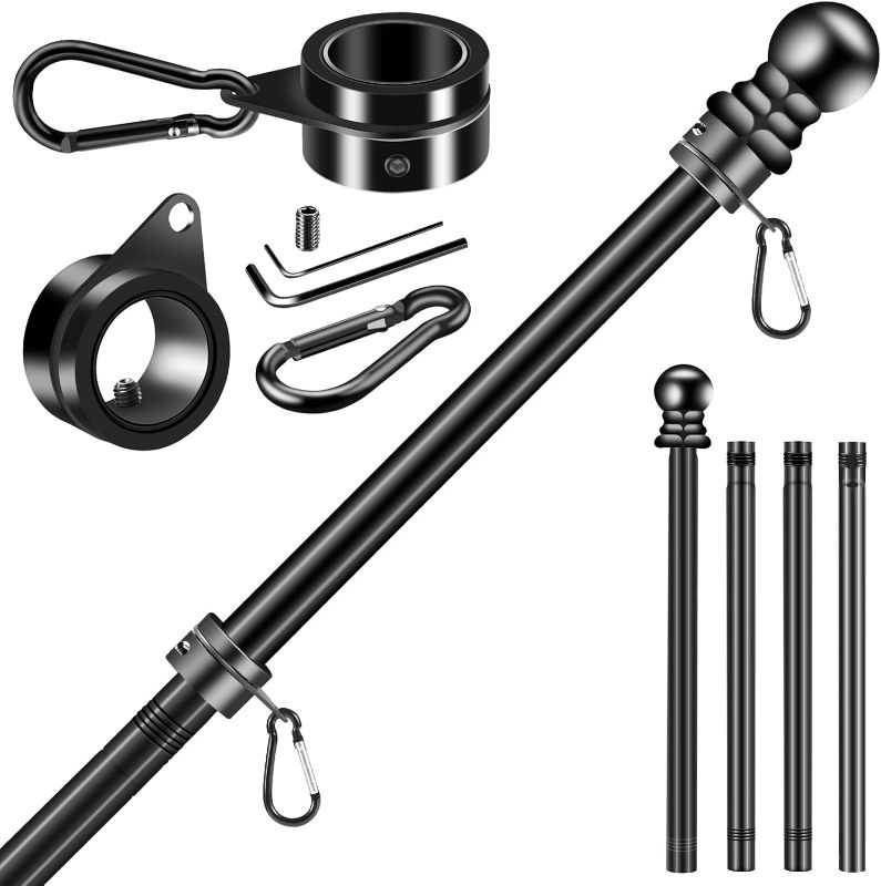 Photo 1 of Black Flag Pole Kit for House Porch, 5 FT Thickened Stainless Steel Wall Mount Flagpole for 3x5' American Flag with 1" Tangle Free 360° Rotating Flagpole Rings (5 FT - No Bracket - Black)