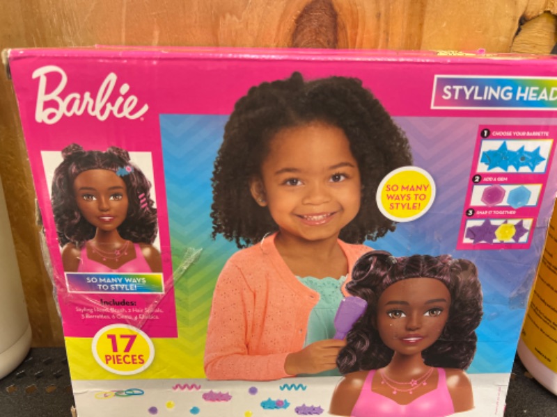 Photo 2 of Barbie Small Styling Head and Accessories, Dark Brown Hair, Brown Eyes, 17-pieces, Pretend Play, Kids Toys for Ages 3 Up by Just Play Styling Head Dark Brown Hair