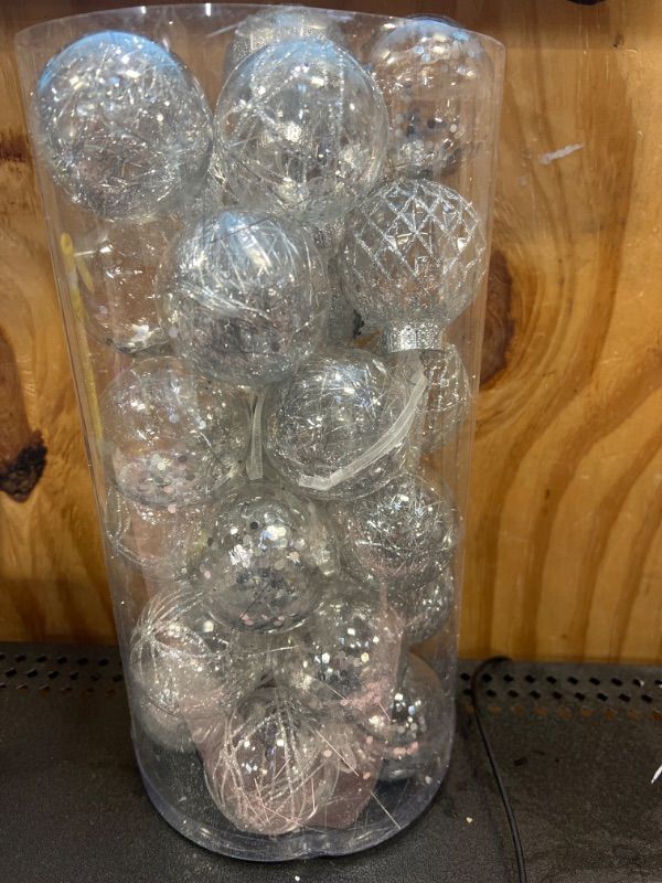 Photo 2 of 30ct Christmas Ball Ornaments-60mm/2.36" Shatterproof Clear Plastic Xmas Balls Baubles Set with Stuffed Delicate Sparkling, Hanging Christmas Tree Decorations (Silver)