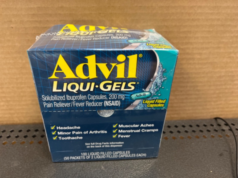 Photo 2 of Advil Liqui-Gels Pain Reliever and Fever Reducer, Pain Medicine for Adults with Ibuprofen 200mg for Headache, Backache, Menstrual Pain and Joint Pain Relief - 50x2 Liquid Filled Capsules 50 Count )   exp 07-2025