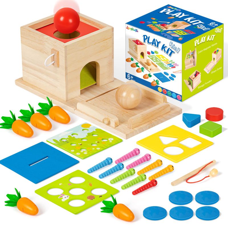 Photo 1 of *** BUNDLE X 2 *** Wooden Montessori Toys for 1 Year Old, 5-in-1, Object Permanence Box, Coin Box, Carrot, Catch Worm, Shape Sorter, Learning Toy for Toddler Aged 1, 2, 3 Year Old Boys Girls