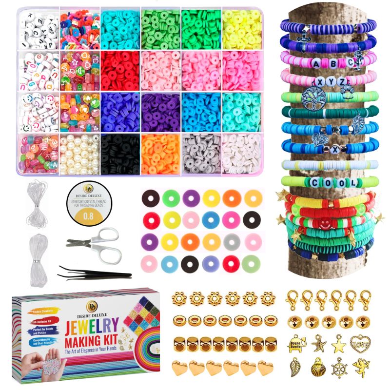 Photo 1 of *** BUNDLE X 3 *** Desire Deluxe Bracelet Making Kit Necklace Clay Beads Friendship Jewelry Letter Arts & Crafts Pendant Charms Kit Elastic Rubber Strings Girls Toys Gift Present(6084pc)