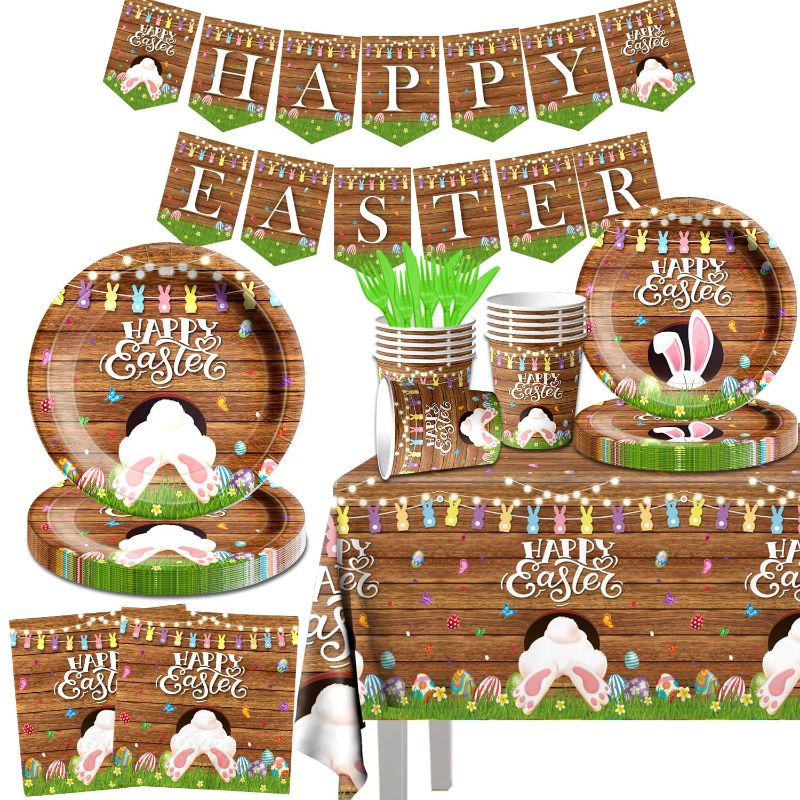 Photo 1 of 142PCS Easter Tableware Set, Happy Easter Decoration Plates and Napkins for 20 Guests Include Easter Banner,Knife,Fork,Cups and Tablecloth for Spring Theme Esater Party