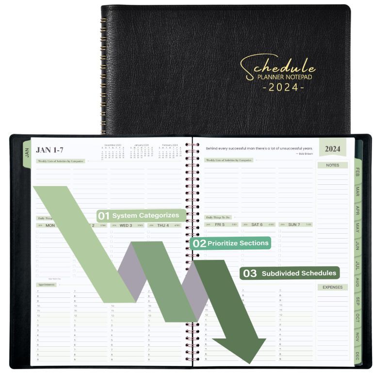 Photo 1 of *** BUNDLE X 2*** 2024 Planner Spiral Bound - 3-Tier Down Weekly & Monthly Planner Notepad, 11.49'' x 8.66'', JAN 2024 - DEC 2024, 2024 Appointment Book with 60 Minutes Intervals, Monthly Tabs, Faux Soft Leather Work Planner-Black