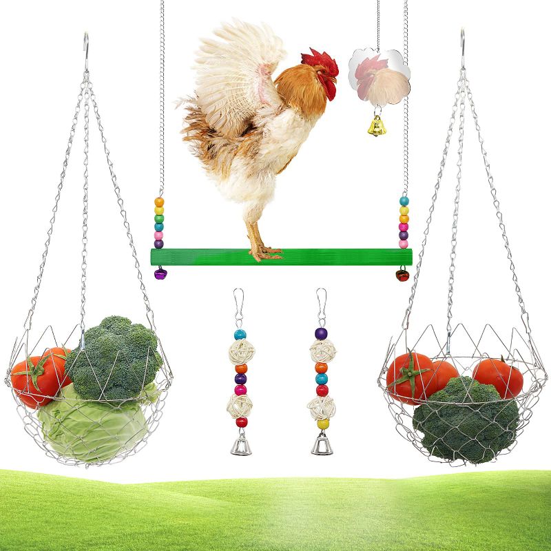 Photo 1 of *** BUNDLE X 2 *** 6 Pack Chicken Toys, Chicken Coop Accessories, with 1 Chicken Swing, 2 Sepaktakraw Ornaments, 1 Chicken Mirror, 2 Metal Vegetable Net Baskets 6 PCS Chicken Toys