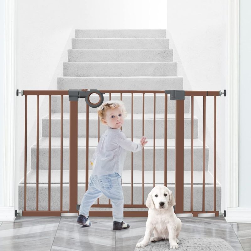 Photo 1 of Baby Gate for Stairs, Yacul 29.3"-51.5" Extra Wide Child Safety Gates with Door, Walk Thru Dog Gate for House, Wide Walk Thru Openings 22.5”, Tall 30”, Pressure or Hardware Mounted, Metal Steel, Brown