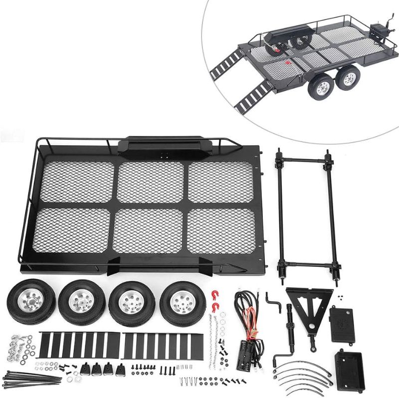 Photo 1 of RC Car Trailer,Metal Trail Car Trailer Accessory with Four Tires Fit for Traxxas TRX4 Axial Scx10 90046 90047 CC01 D90 D110 1/10 RC car