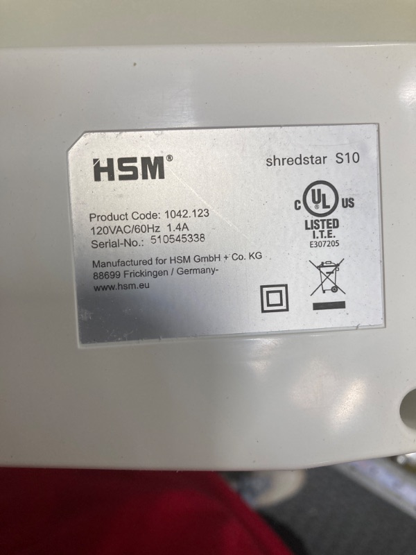 Photo 4 of HSM shredstar S10, 10-Sheet Strip-Cut Paper/CD/Card Shredder, P-2 Security Level, 4.8 Gallon, White 10 sheet strip cut