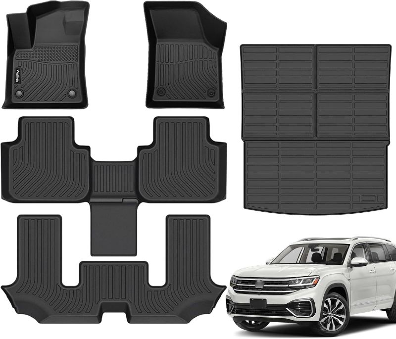 Photo 1 of Floor Mats & Cargo Mat Custom for Volkswagen Atlas 6 Seats Bucket Seating 2024-2018 All Weather Protection Waterproof TPE Rubber Car Floor Liners Full Set