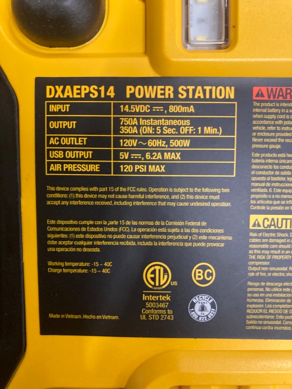 Photo 3 of DEWALT DXAEPS14 1600 Peak Battery Amp 12V Automotive Jump Starter/Power Station with 500 Watt AC Power Inverter, 120 PSI Digital Compressor, and USB Power , Yellow